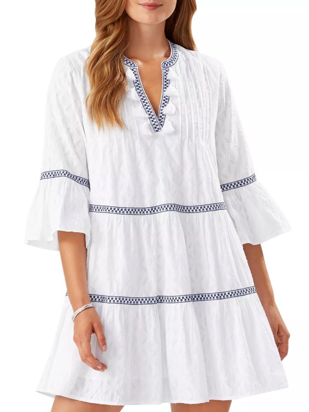 NWT Tommy Bahama Jacquard Tiered Dress White Blue Size S
